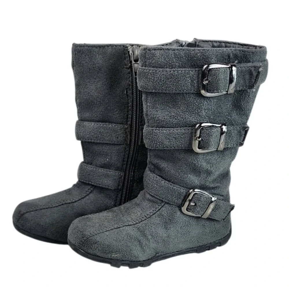 Kids‎ Girls Grey Faux Suede Buckle Zip Tall Boots Toddler Child Size 6